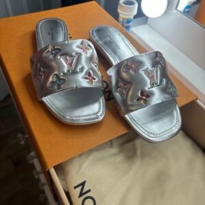 Louis Vuitton Metallic Silver Sandals with Multicolor Accents